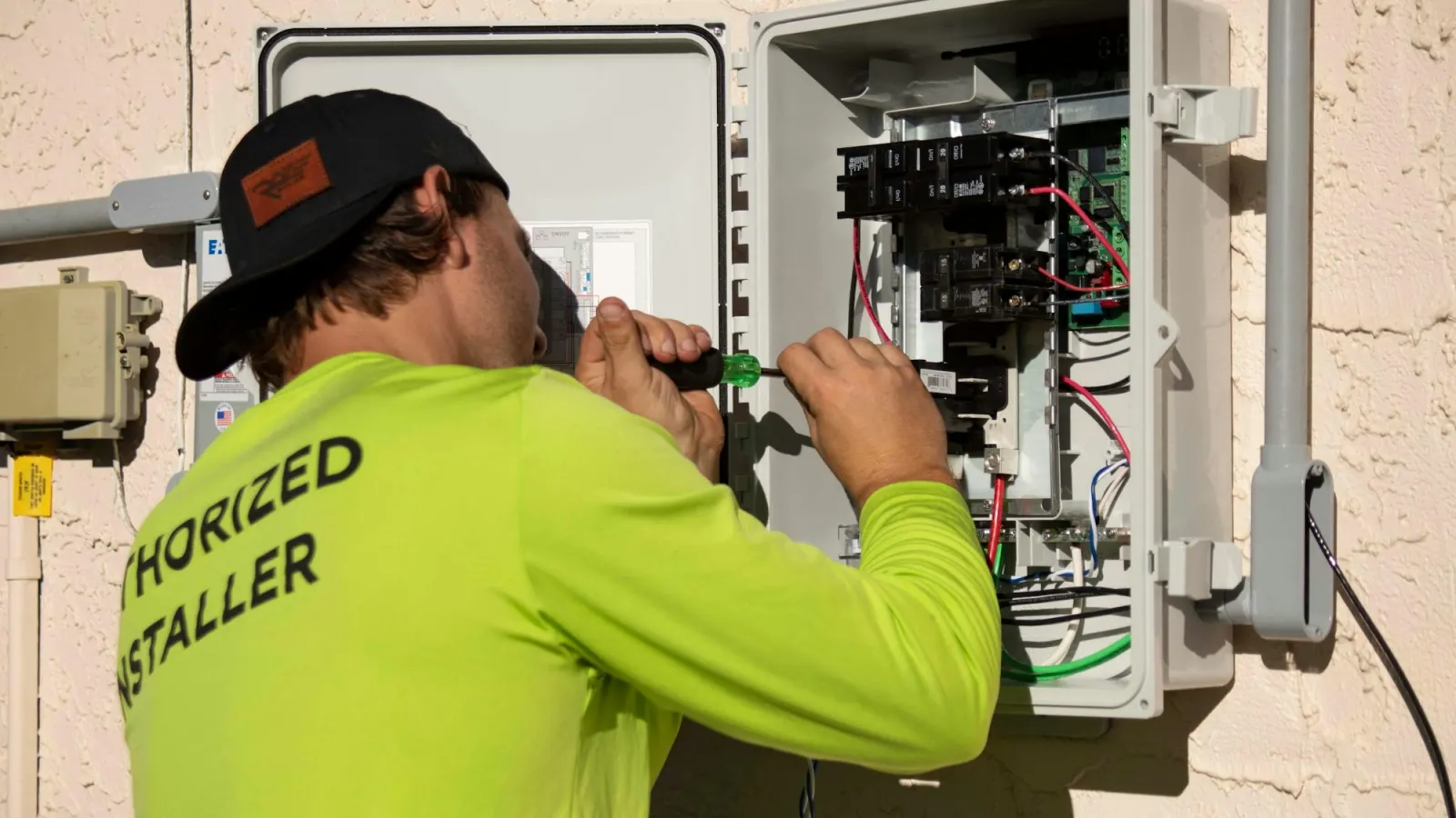 An electrician working inside an outdoor electrical panel
